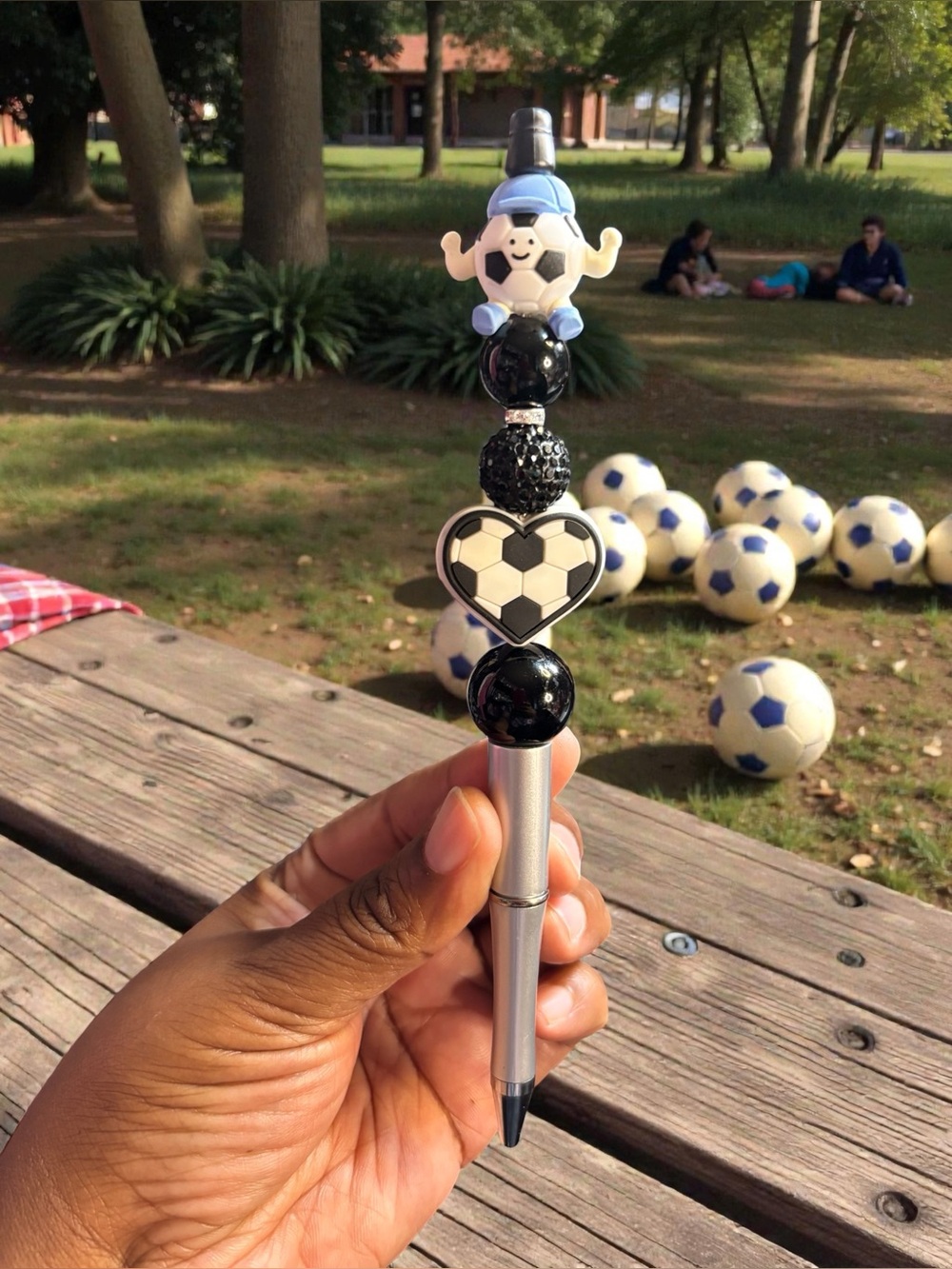 Handmade  Soccer Character Beaded Pen - Black and Blue